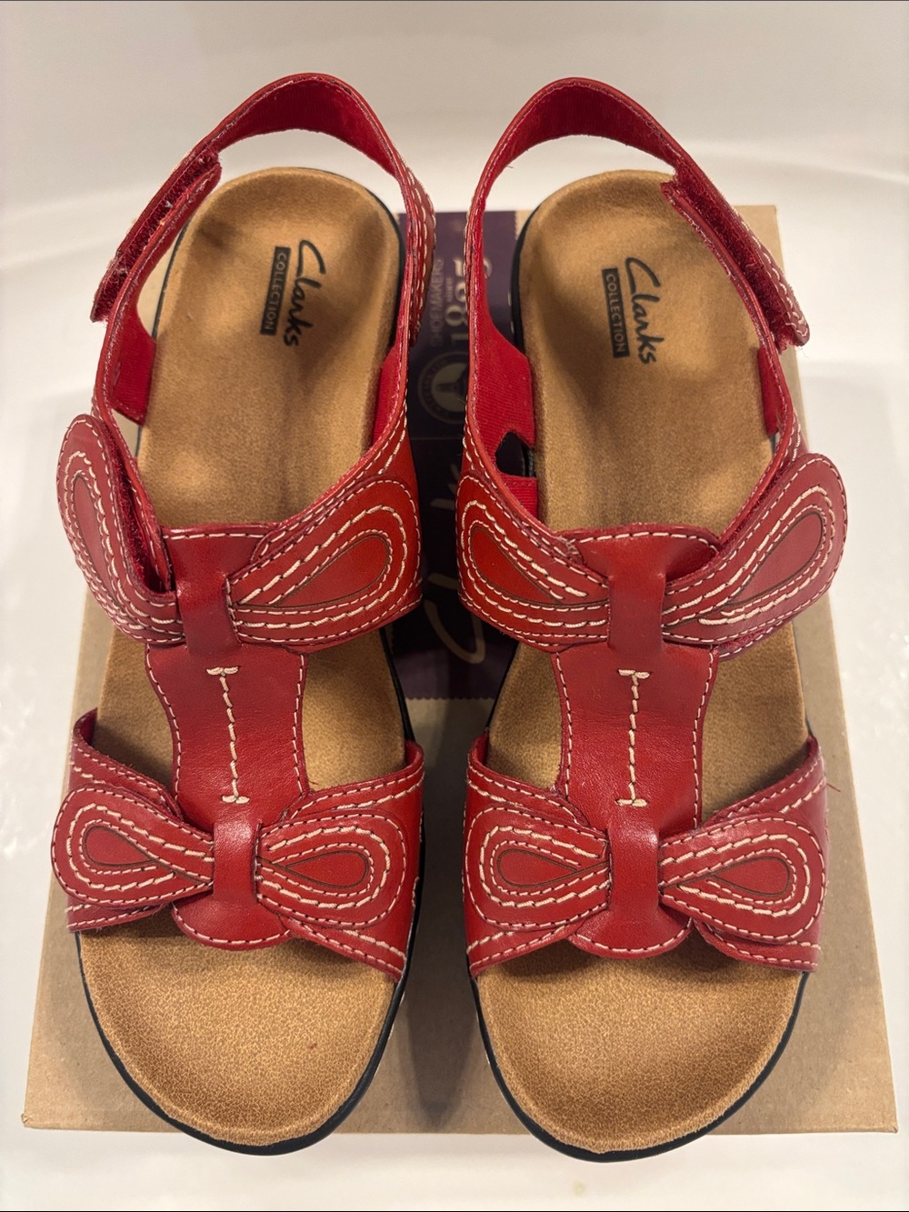 Clarks Red Leather Women's Bow Strap Sandals